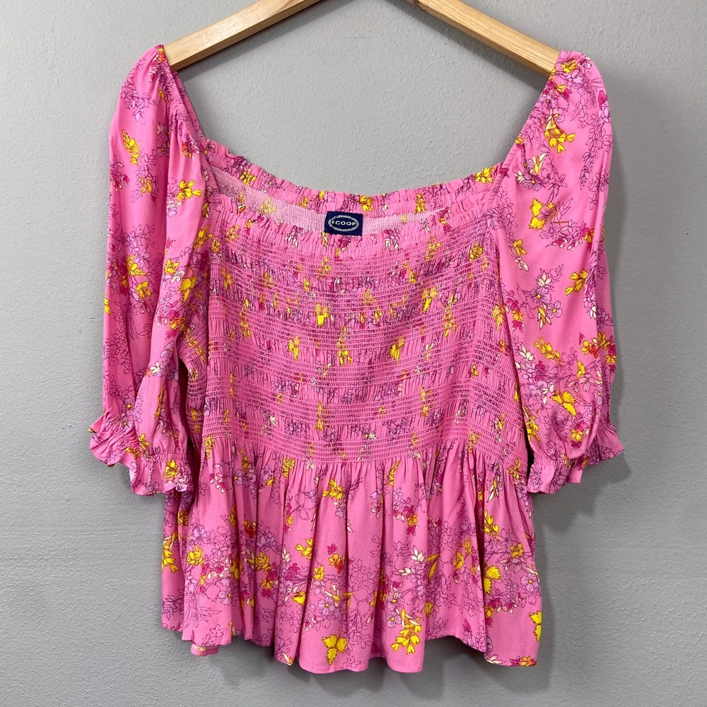 Scoop Pink Floral Cropped Blouse Size XXL Smocked Peplum Top Square Neck Cottage - Picture 12 of 12
